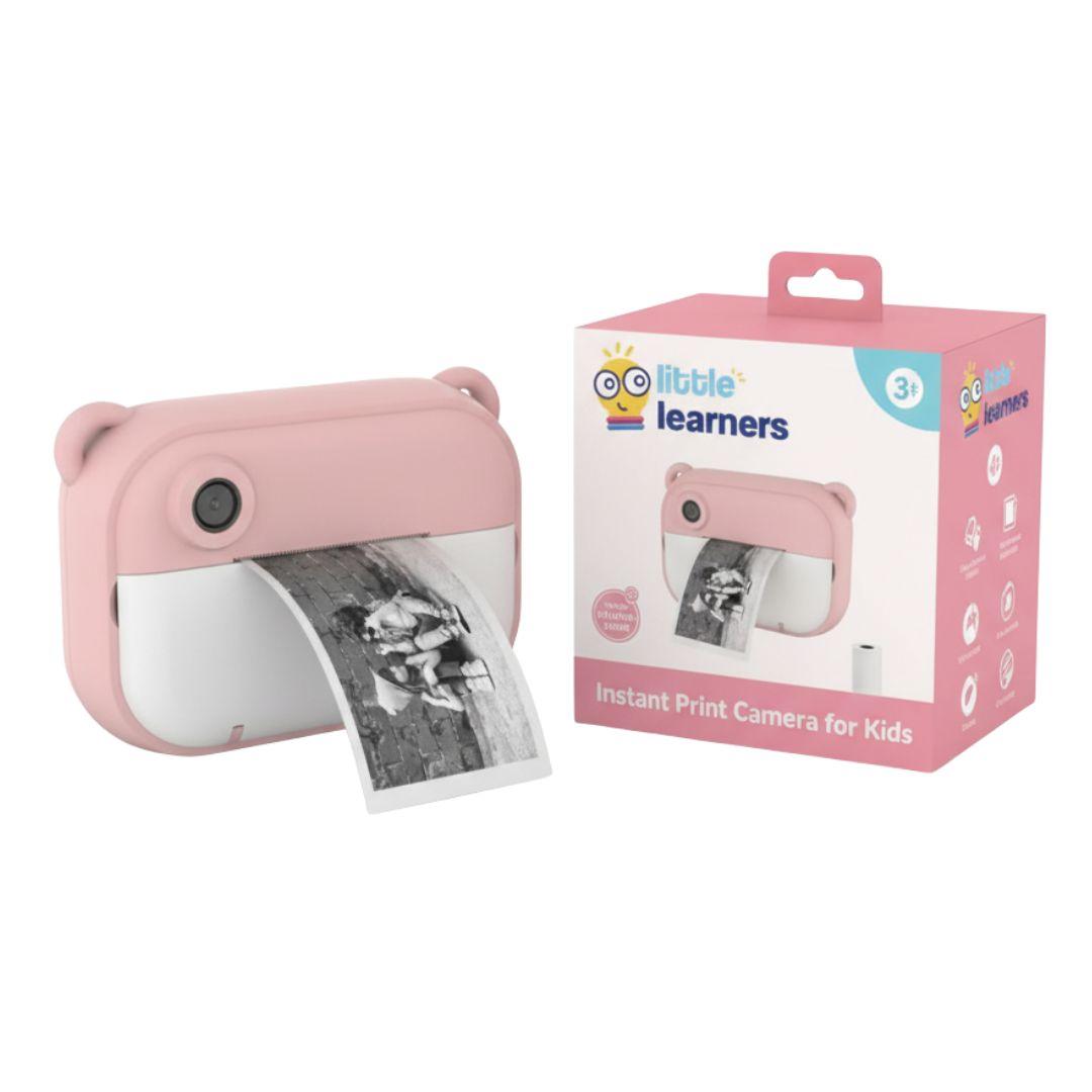 Pink kid instant print camera with thermal black and white photo printing and packaging box