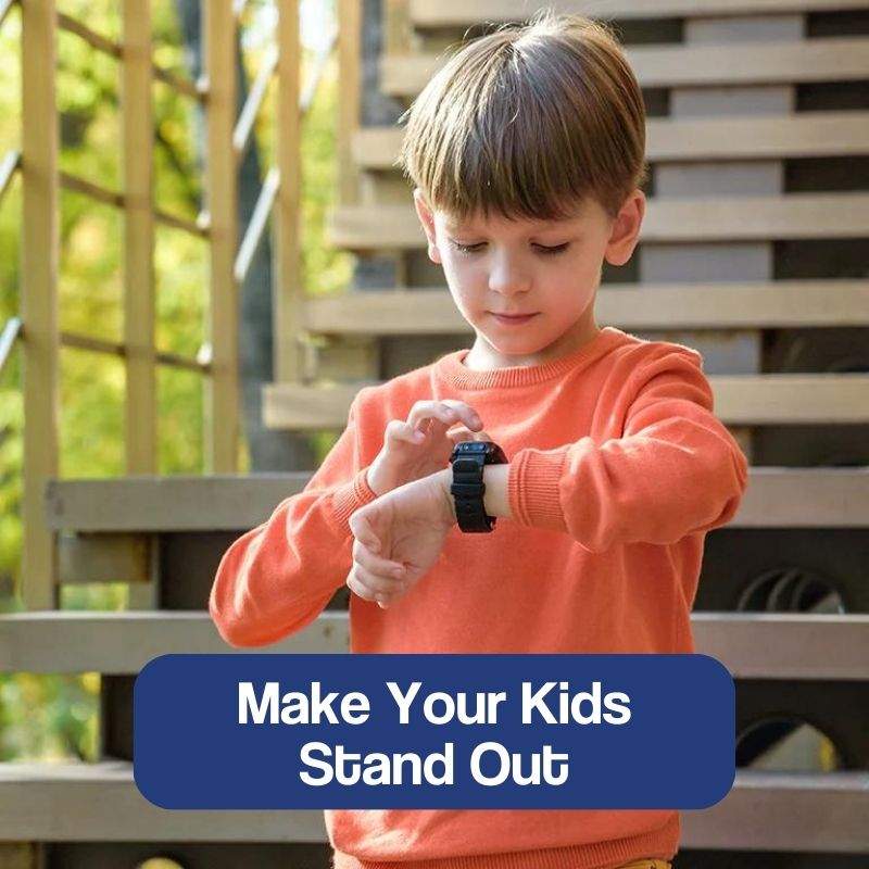 Child wearing orange sweater using kids multi-purpose smartwatch outdoors