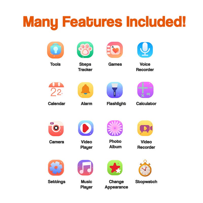 Kids Multi-purpose Smartwatch with games, fitness tracker, media player, calculator, flashlight, and voice recorder features for children aged 7 and up.