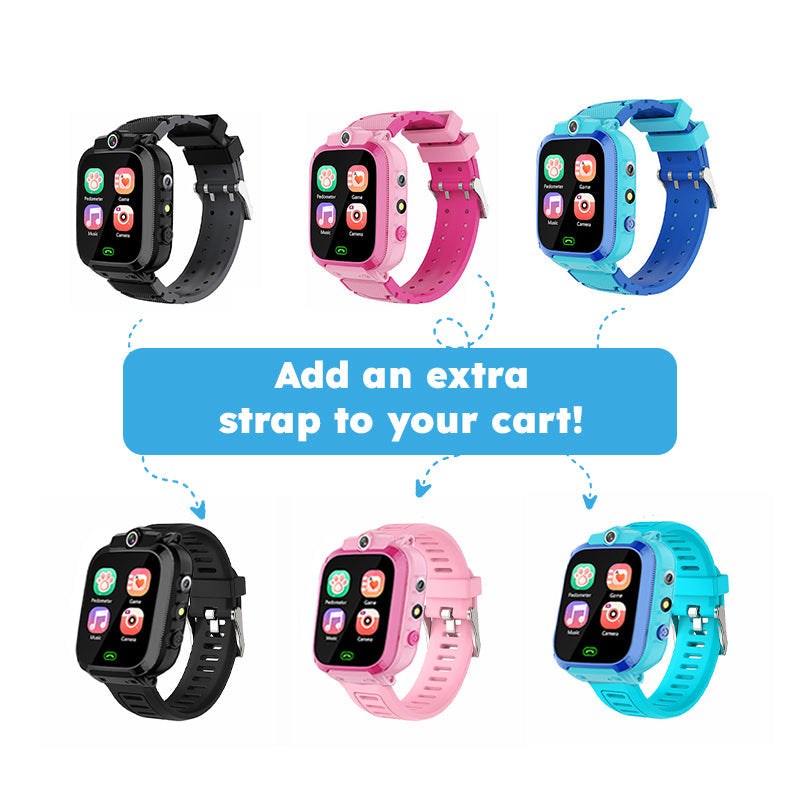 Kids multi-purpose smartwatch in black, pink, and blue with extra strap options for kids ages 7+ featuring games and multimedia functions.