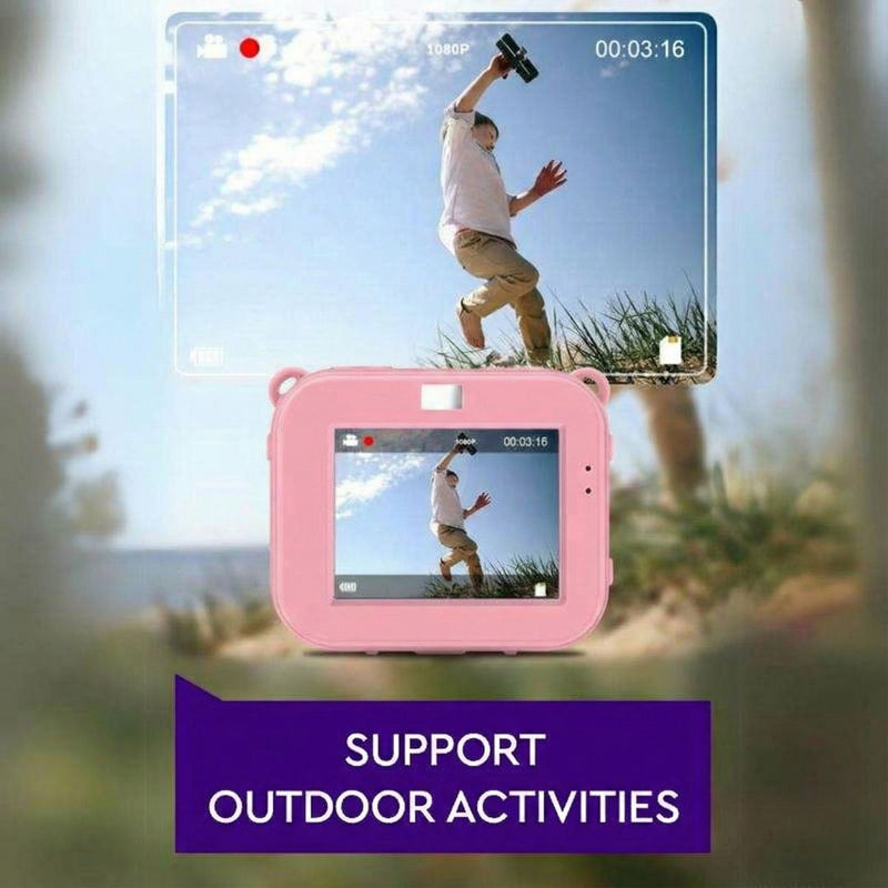 Mini Kids High-Quality Sports Camera in pink with waterproof feature supporting outdoor activities and 1080P video recording