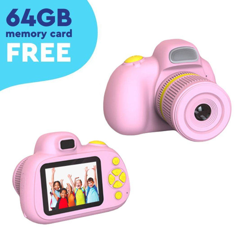 Pink Mini Photographer Digital Camera for kids with dual lenses and 64GB memory card, child-friendly design