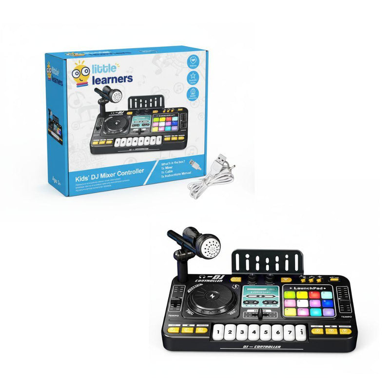 MixMaster Junior DJ Console kids DJ mixer controller with colorful buttons, microphone, and USB charging cable in packaging box