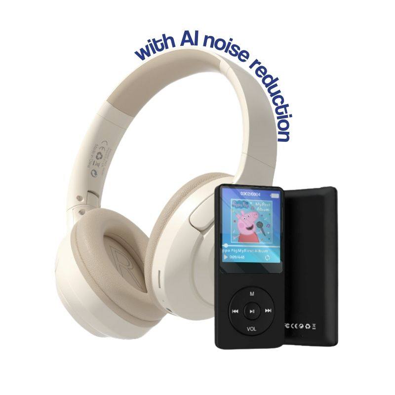 Black MP3 player with color screen and beige wireless headset featuring AI noise reduction