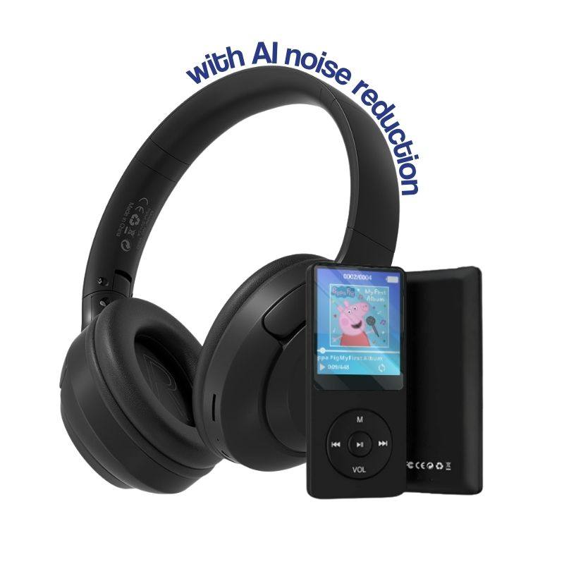 Black MP3 player with screen and black over-ear wireless headset with AI noise reduction