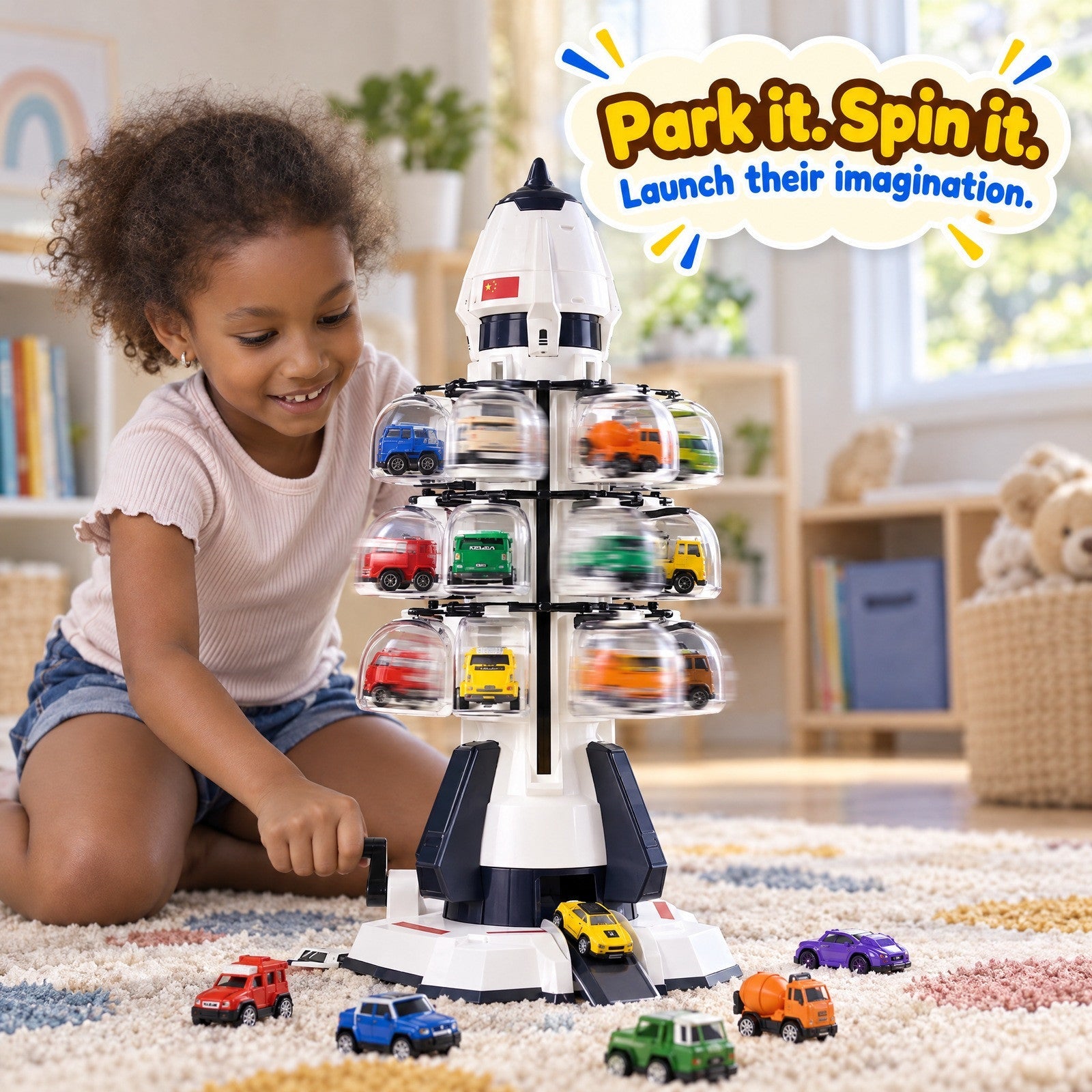 Space Rocket Parking Garage with Die-Cast Cars