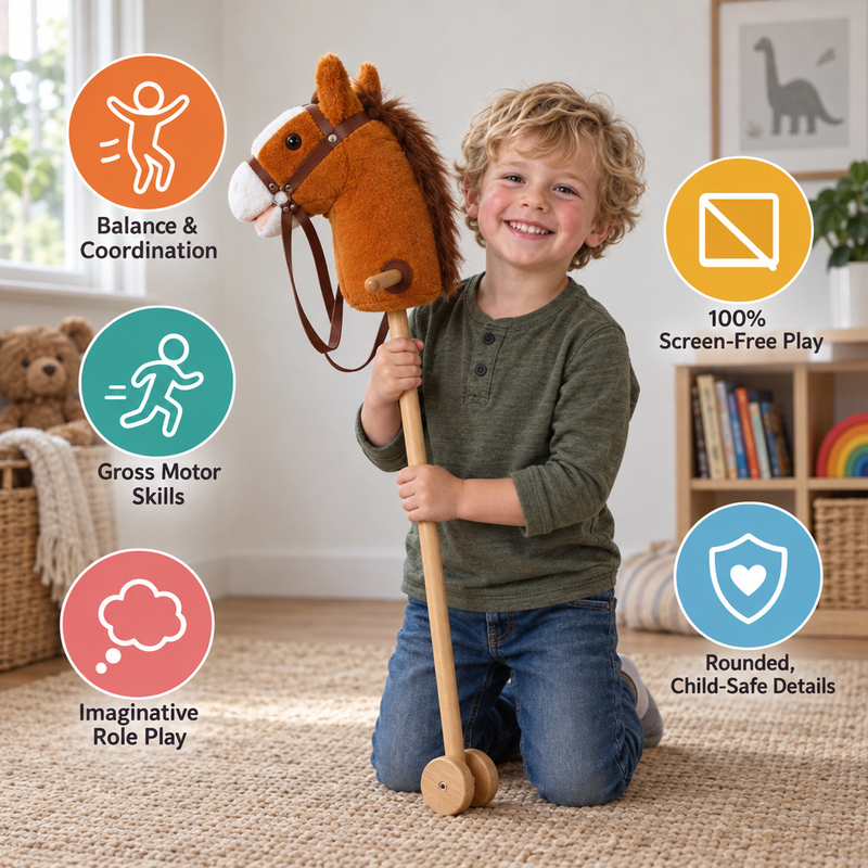 Plush Stick Horse with Wooden Wheels