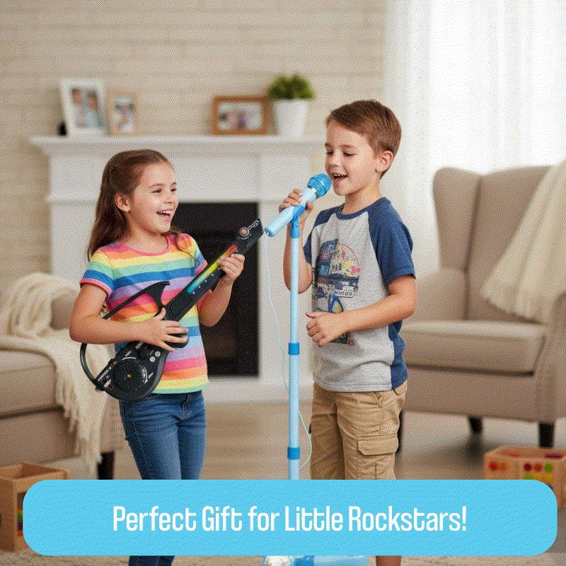 Kids singing and playing with blue microphone and guitar in living room karaoke set with LED stand