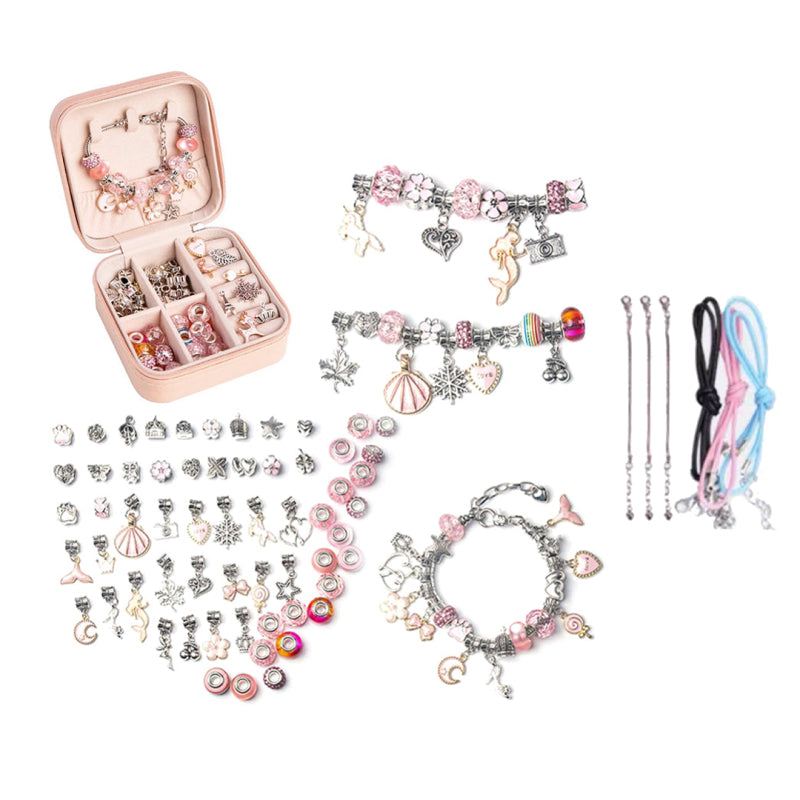 Kids Bracelet-Making Kit with colorful beads, charms, snake chains, and storage box for creative DIY jewelry crafting