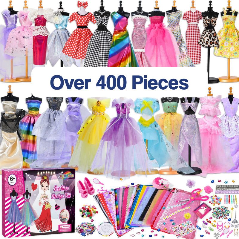 Fashion Design Studio Kit for Kids with over 400 pieces including dresses, fabrics, and accessories for creative fashion designing.