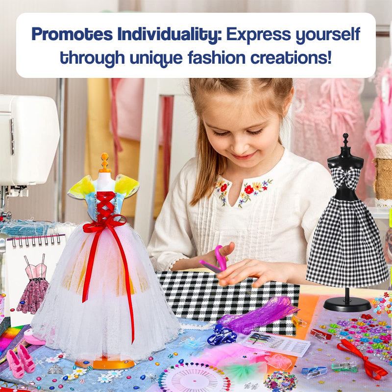 Child using Fashion Design Studio Kit to create unique dress designs with fabric, sewing tools, and mannequins on a craft table